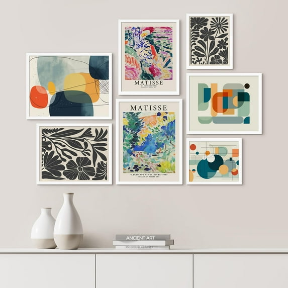 PixonSign Framed Canvas Print Wall Art Set - Geometric Mid-Century Multicolor Shapes Poster Art - Abstract Print Gallery Set of 7 Colorful Illustrations Digital Art Wall Décor for Home - White