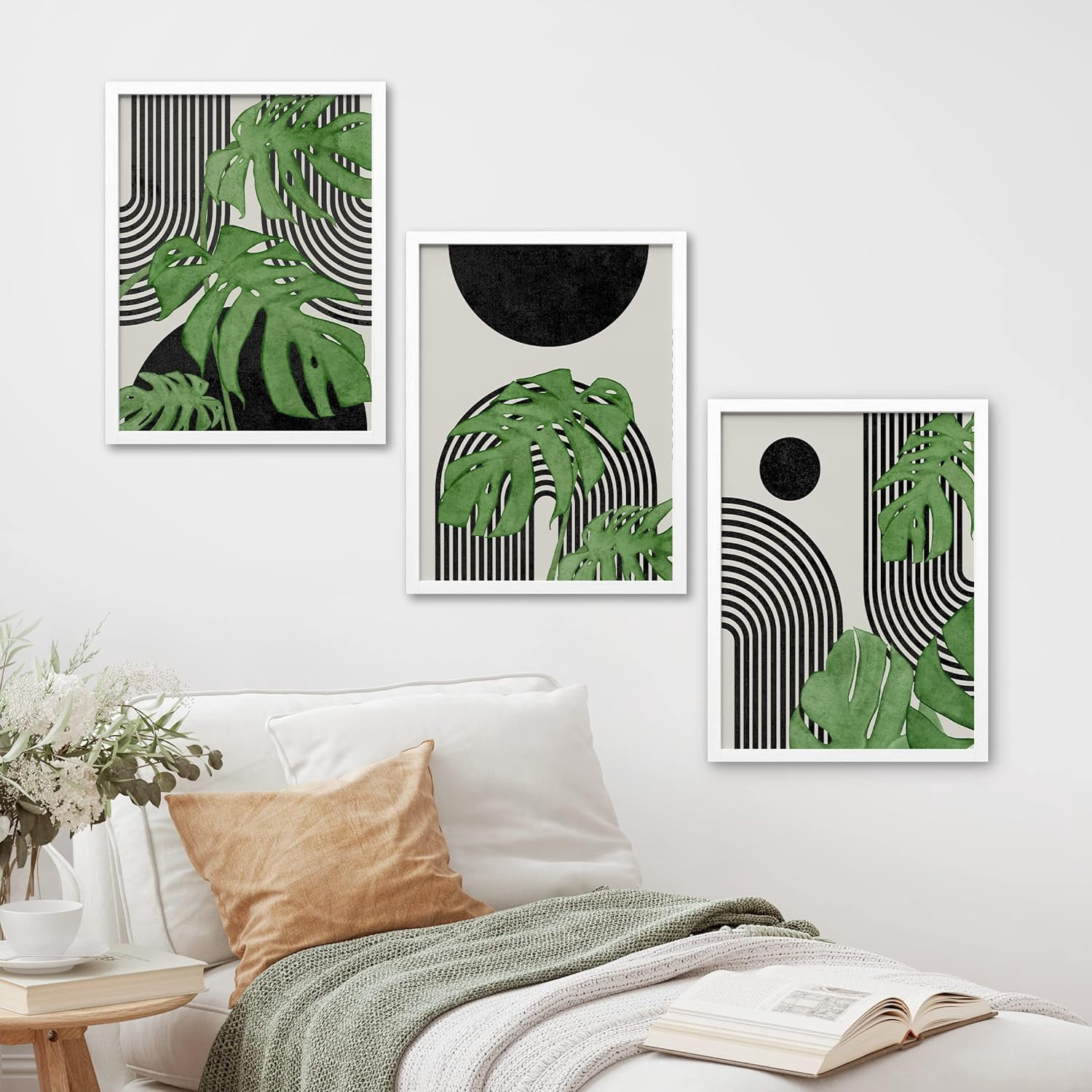 PixonSign Framed Canvas Print Wall Art Set - Geometric Monstera Leaf ...