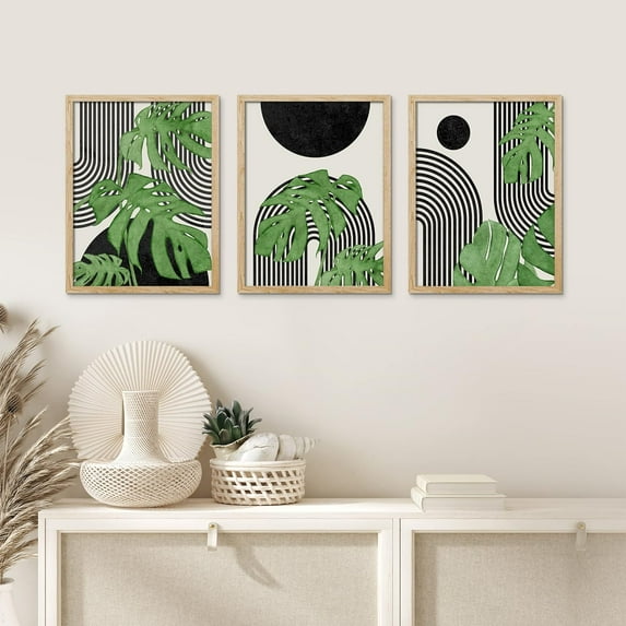 PixonSign Framed Canvas Print Wall Art Set - Geometric Monstera Leaf Art - Set of 3 Abstract Shapes Mid-Century Minimalist Wall Décor for Living Room, Bedroom, Office - 12"x16"x3 Panels Natural
