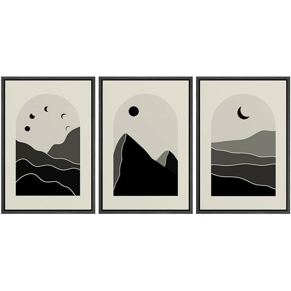 PixonSign Framed Canvas Print Wall Art Set Geometric Mountain Moon Sun Landscapes Nature Wilderness Illustrations Modern Art Minimalism Decorative for Living Room, Bedroom, Office - 16"x24"x3 Black
