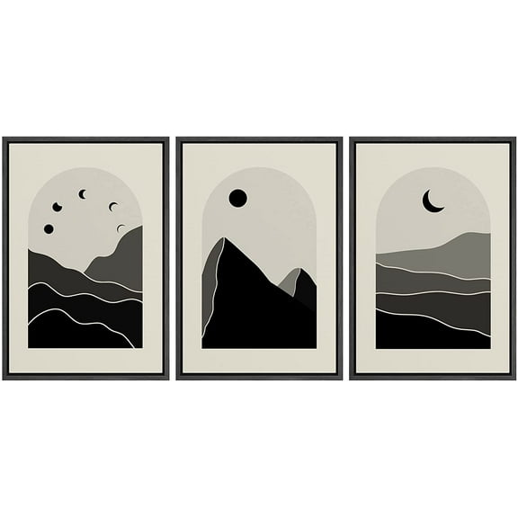 PixonSign Framed Canvas Print Wall Art Set Geometric Mountain Moon Sun Landscapes Nature Wilderness Illustrations Modern Art Minimalism Decorative for Living Room, Bedroom, Office - 24"x36"x3 Black