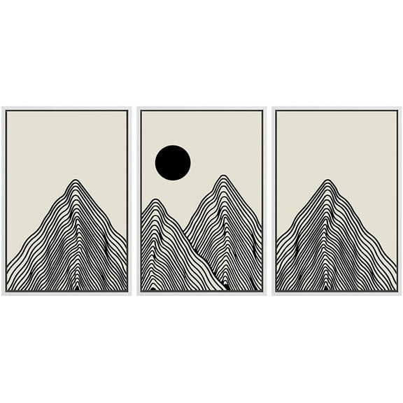 PixonSign Framed Canvas Print Wall Art Set Geometric Mountain Range Sun Landscape Nature Wilderness Illustrations Modern Art Minimalism Decorative for Living Room, Bedroom, Office - 24"x36"x3 White