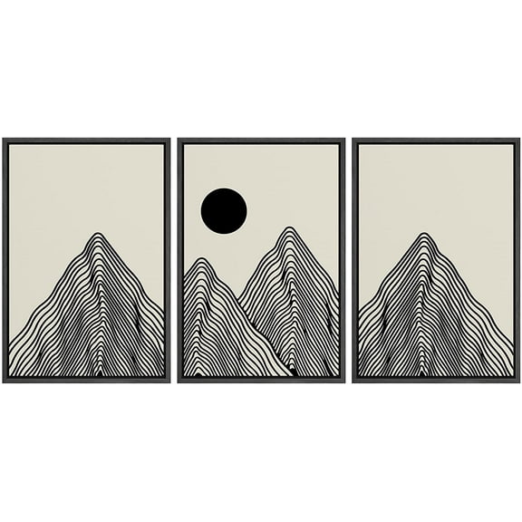 PixonSign Framed Canvas Print Wall Art Set Geometric Mountain Range Sun Landscape Nature Wilderness Illustrations Modern Art Minimalism Decorative for Living Room, Bedroom, Office - 24"x36"x3 Black