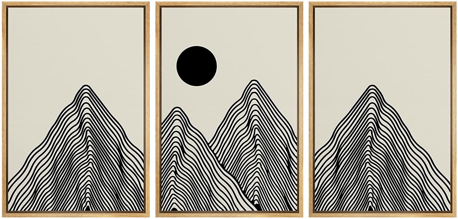 Modern Geometric Landscape Black and Beige Framed Canvas Art Set