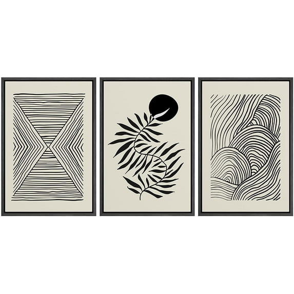 PixonSign Framed Canvas Print Wall Art Set Geometric Vintage Jungle Plant Patterns Abstract Shapes Illustrations Modern Art Minimalism Decorative for Living Room, Bedroom, Office - 16"x24"x3 Black