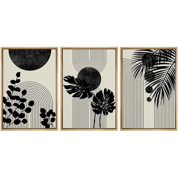 PixonSign Framed Canvas Print Wall Art Set Geometrid Mid-Century Forest Plant Collage Abstract Shapes Illustrations Modern Art Boho Decorative for Living Room, Bedroom, Office - 16"x24"x3 NATURAL