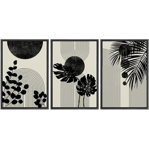 PixonSign Framed Canvas Print Wall Art Set Geometrid Mid-Century Forest Plant Collage Abstract Shapes Illustrations Modern Art Boho Decorative for Living Room, Bedroom, Office - 24"x36"x3 BLACK