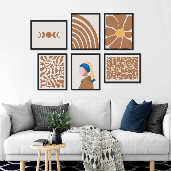 PixonSign Framed Canvas Print Wall Art Set - Girl Pearl Earring Brown Plant & Humanities Pattern - Set of 6 Abstract Geometric Modern Poster Cultural Art Wall Décor - 8"x10"x6 Black