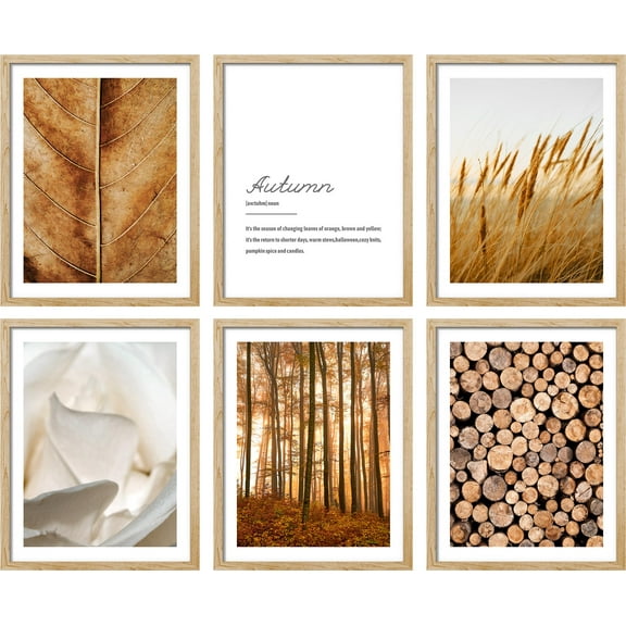 PixonSign Framed Canvas Print Wall Art Set - Golden Ears and Field, Trees, Leaves Posters - Set of 6 Vintage Retro Antique Mixed Media Country Cultural Art Wall Décor - 8"x10"x6 Natural
