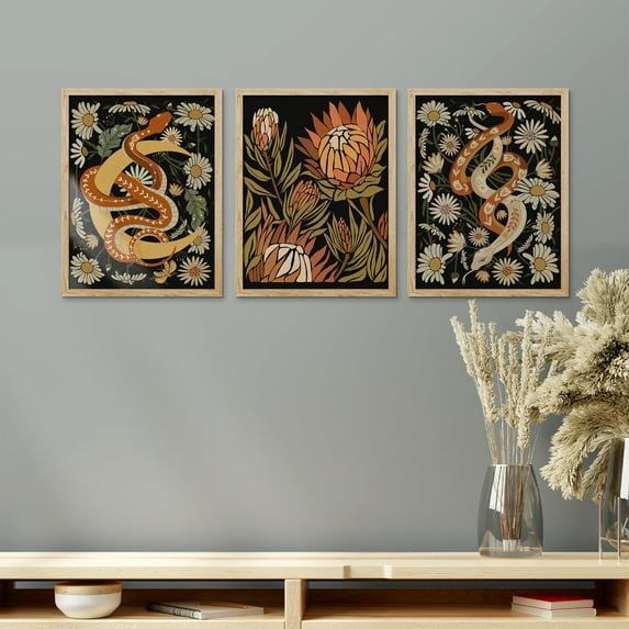 PixonSign Framed Canvas Print Wall Art Set - Golden Snake & Protea Botanical Poster Art - Set of 3 Nature Wilderness Floral Plants Prints Wall Décor for Living Room - 11"x14" Natural