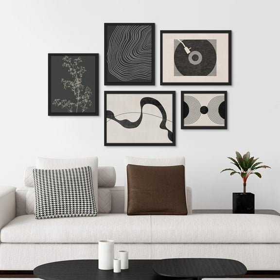 PixonSign Framed Canvas Print Wall Art Set - Graffiti Black Stroke Collage Abstract Shapes Poster Art - Geometric Print Gallery Set of 5 Duotone Illustrations Wall Décor for Home - Black