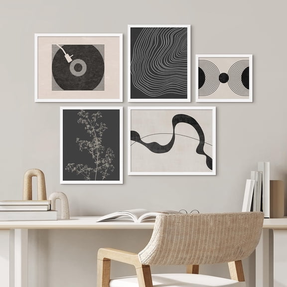 PixonSign Framed Canvas Print Wall Art Set - Graffiti Black Stroke Collage Abstract Shapes Poster Art - Geometric Print Gallery Set of 5 Duotone Illustrations Wall Décor for Home - White
