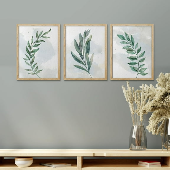 PixonSign Framed Canvas Print Wall Art Set - Green Forest Plants Posters - Set of 3 Nature Wilderness Pastel Background Farmhouse/Country Wall Décor for Living Room, Bedroom, Office - 12"x16" Natural