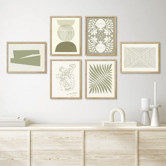 PixonSign Framed Canvas Print Wall Art Set - Green Garden Flower Vase Matisse & Humanities Pattern - Set of 6 Abstract Geometric Minimalism Poster Cultural Art Wall Décor - 8"x10"x6 Natural