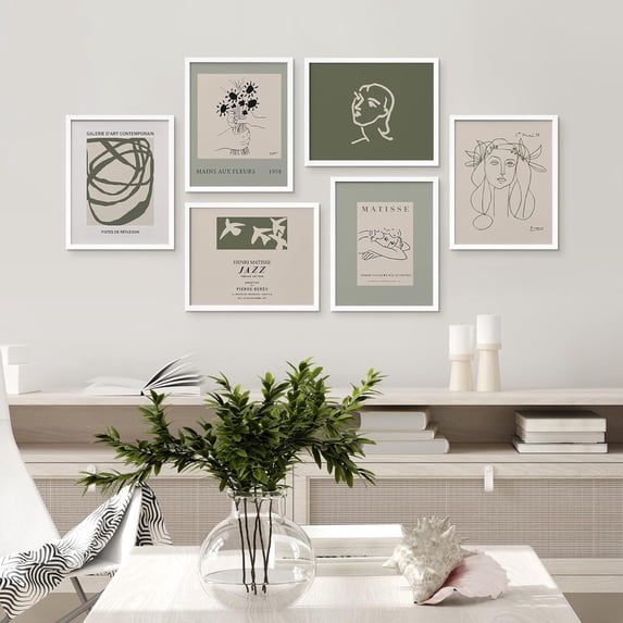 PixonSign Framed Canvas Print Wall Art Set - Green Matisse Portrait Flower & Humanities Pattern - Set of 6 Abstract Geometric Minimalism Poster Cultural Art Wall Décor - 12"x16"x6 White