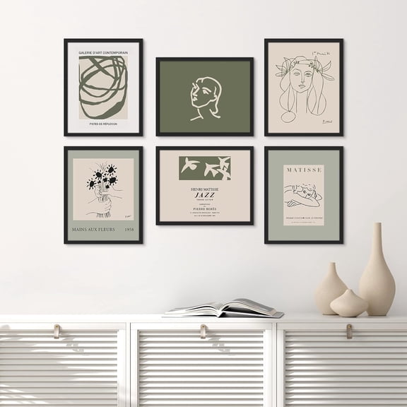 PixonSign Framed Canvas Print Wall Art Set - Green Matisse Portrait Flower & Humanities Pattern - Set of 6 Abstract Geometric Minimalism Poster Cultural Art Wall Décor - 12"x16"x6 Black