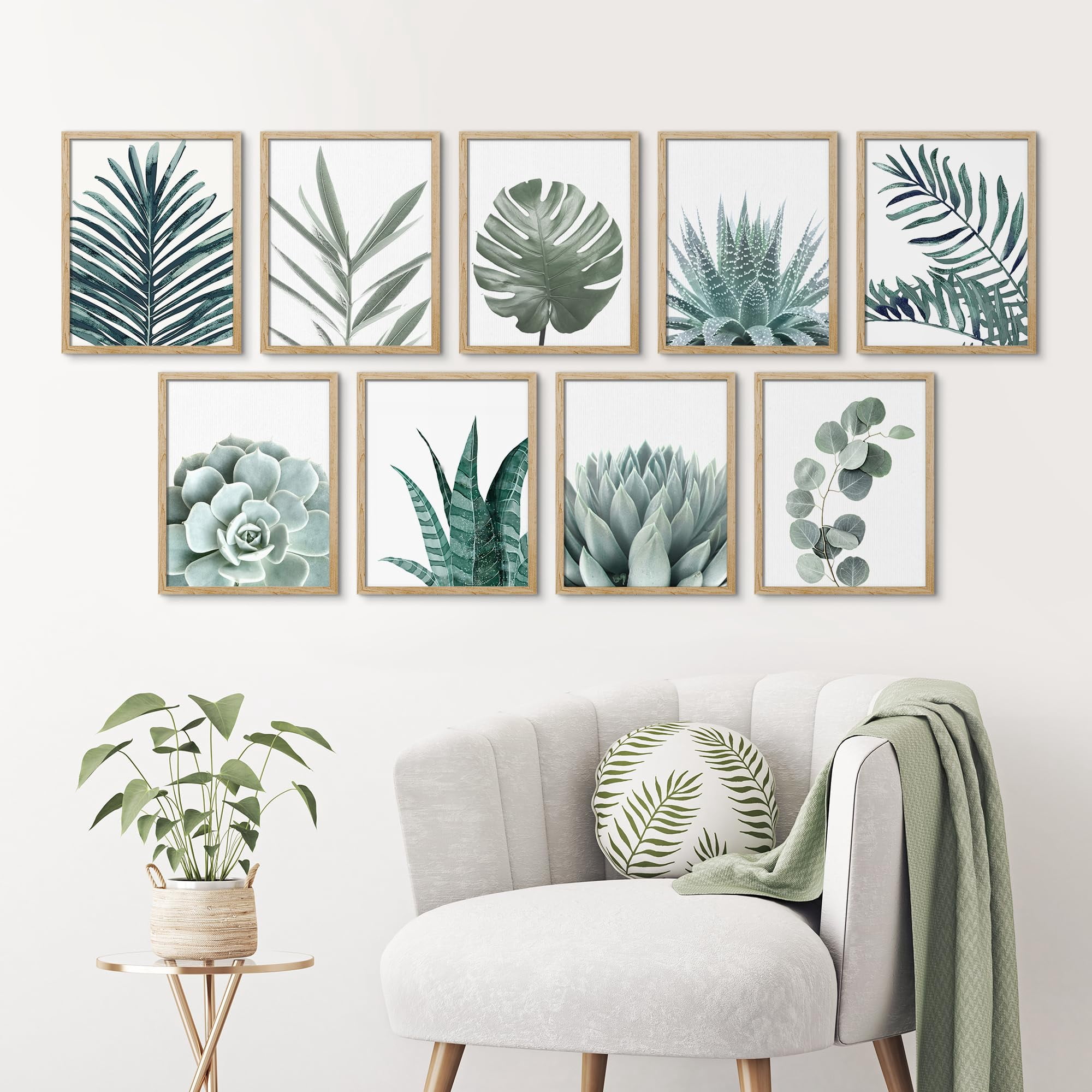 PixonSign Framed Canvas Print Wall Art Set - Green Pastel Desert Plants ...