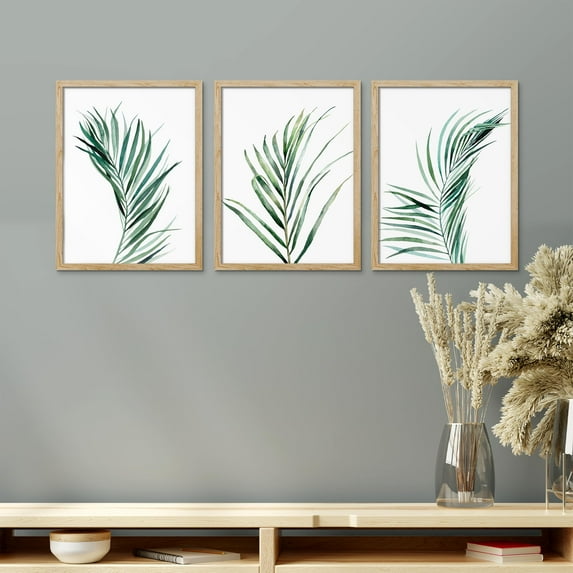 PixonSign Framed Canvas Print Wall Art Set - Green Tropical Jungle Palm Leaf Poster Art - Set of 3 Botanical Forest Plants Prints Wall Décor Minimal Boho for Living Room - 11"x14" Natural