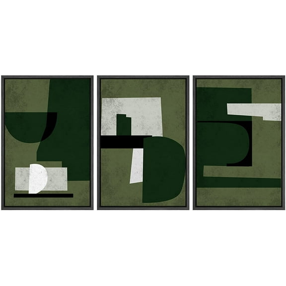 PixonSign Framed Canvas Print Wall Art Set Green White Geometric Mid-Century Figures Abstract Shapes Illustrations Modern Art Boho Decorative for Living Room, Bedroom, Office - 24"x36"x3 BLACK
