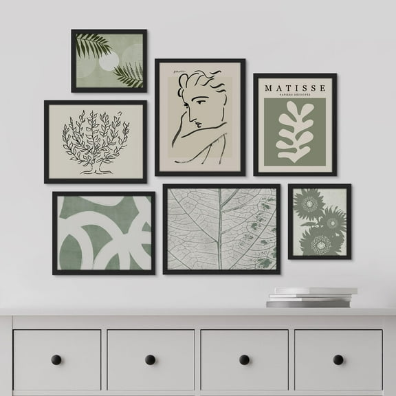 PixonSign Framed Canvas Print Wall Art Set - Green & White Matisse Style Poster Art - Geometric Print Gallery Set of 7 Abstract Faces & Green Plant Illustrations Wall Décor for Home - Black
