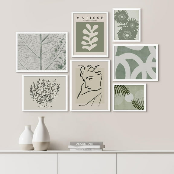 PixonSign Framed Canvas Print Wall Art Set - Green & White Matisse Style Poster Art - Geometric Print Gallery Set of 7 Abstract Faces & Green Plant Illustrations Wall Décor for Home - White