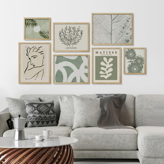 PixonSign Framed Canvas Print Wall Art Set - Green & White Matisse Style Poster Modern Art - Gallery Set of 7 Minimal Abstract Faces & Green Plant Digital Art Wall Décor for Home - Natural