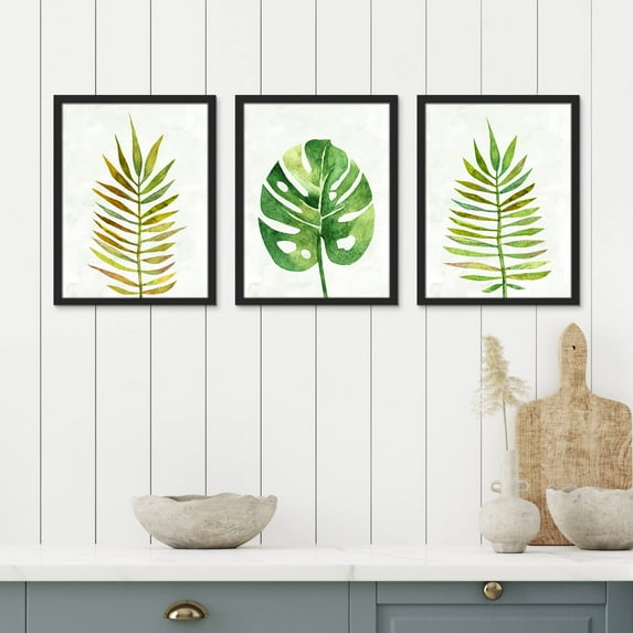 PixonSign Framed Canvas Print Wall Art Set - Green Yellow Tropical Jungle Palm Leaf Posters - Set of 3 Nature Wilderness Botanical Prints Boho Minimalist Wall Décor for Living Room - 11"x14" Black
