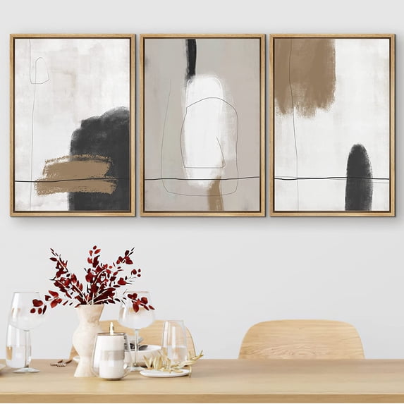 PixonSign Framed Canvas Print Wall Art Set Grunge Brown White Paint Strokes Abstract Shapes Illustrations Modern Art Bohemian Nordic Relax/Calm - 24"x36"x3 Natural