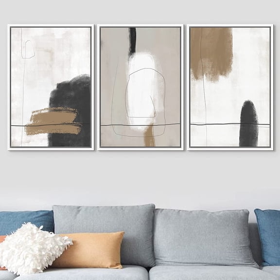 PixonSign Framed Canvas Print Wall Art Set Grunge Brown White Paint Strokes Abstract Shapes Illustrations Modern Art Bohemian Nordic Relax/Calm - 24"x36"x3 White