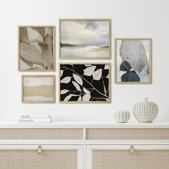 PixonSign Framed Canvas Print Wall Art Set - Grunge Pastel Paint Stroke Landscape Poster Art - Geometric Print Gallery Set of 5 Leaves Illustrations Digital Art Wall Décor for Home - Natural