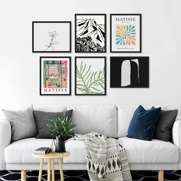 PixonSign Framed Canvas Print Wall Art Set - Henri Matisse Colorful Plant & Humanities Pattern - Set of 6 Modern Abstract Geometric Poster Cultural Art Wall Décor - 8"x10"x6 Black