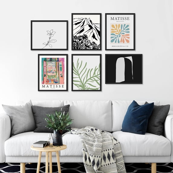PixonSign Framed Canvas Print Wall Art Set - Henri Matisse Colorful Plant & Humanities Pattern - Set of 6 Modern Abstract Geometric Poster Cultural Art Wall Décor - 12"x16"x6 Black