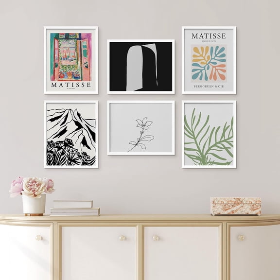 PixonSign Framed Canvas Print Wall Art Set - Henri Matisse Colorful Plant & Humanities Pattern - Set of 6 Modern Abstract Geometric Poster Cultural Art Wall Décor - 8"x10"x6 White