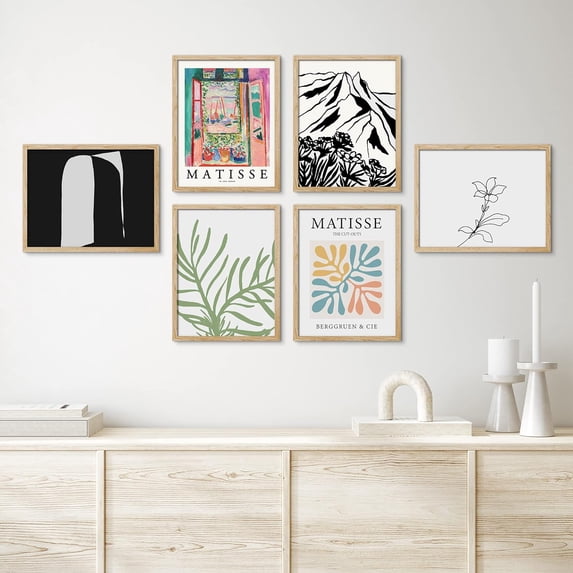 PixonSign Framed Canvas Print Wall Art Set - Henri Matisse Colorful Plant & Humanities Pattern - Set of 6 Modern Abstract Geometric Poster Cultural Art Wall Décor - 11"x14"x6 Natural