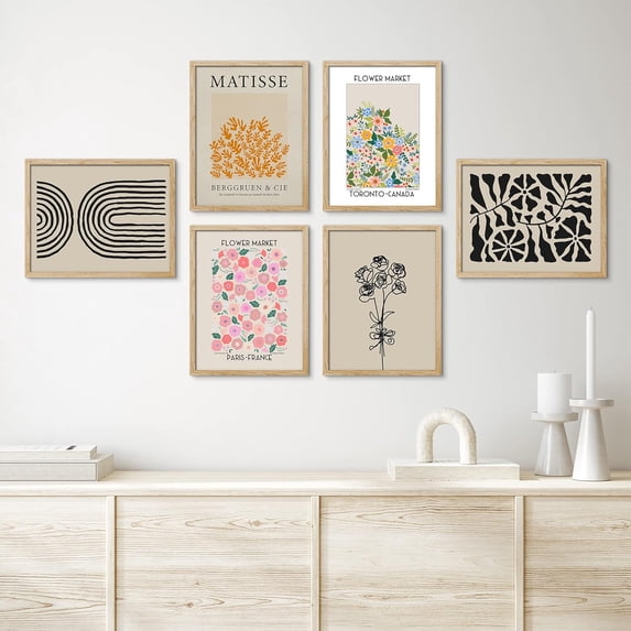 PixonSign Framed Canvas Print Wall Art Set - Henri Matisse Shape Flower Bouquet & Humanities Pattern Poster - Set of 6 Abstract Artwork Minimalism Cultural Art Wall Décor - 11"x14"x6 Natural