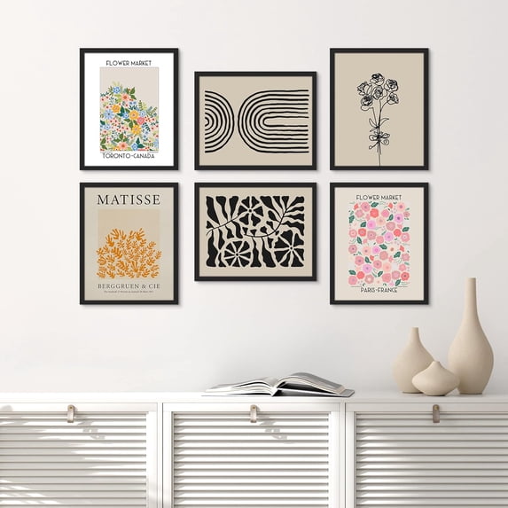 PixonSign Framed Canvas Print Wall Art Set - Henri Matisse Shape Flower Bouquet & Humanities Pattern Poster - Set of 6 Abstract Artwork Minimalism Cultural Art Wall Décor - 12"x16"x6 Black