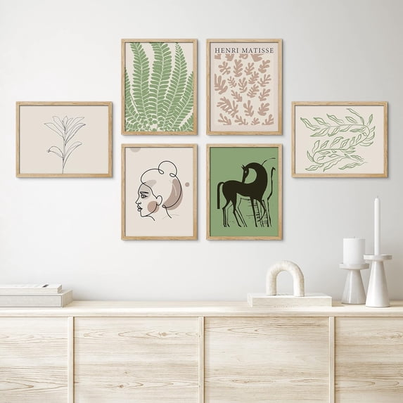 PixonSign Framed Canvas Print Wall Art Set - Horse Tropical Jungle Leaf & Humanities Pattern Poster - Set of 6 Abstract Geometric Minimalism Cultural Art Wall Décor - 12"x16"x6 Natural