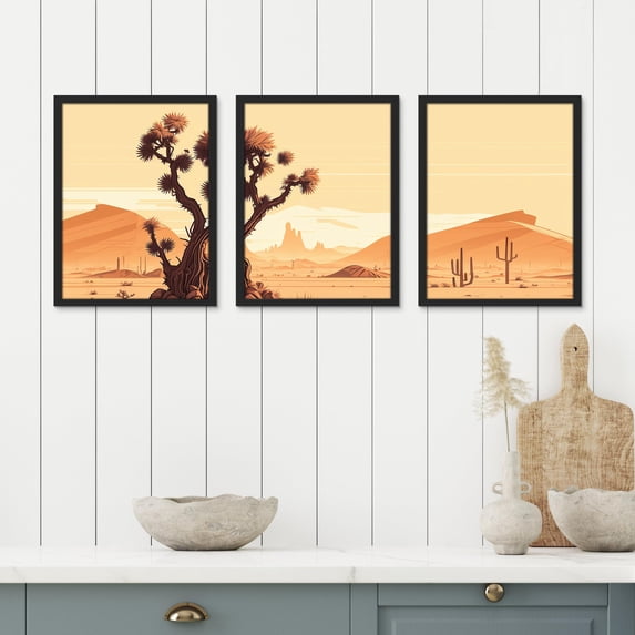 PixonSign Framed Canvas Print Wall Art Set - Joshua Tree Desert Landscape Art - Set of 3 California Desert Cactus Southwest Wall Décor for Living Room, Bedroom - 11"x14" Panels Black