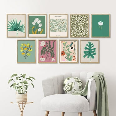 PixonSign Framed Canvas Print Wall Art Set - Jungle Plant Tropical Flower Variety Poster Arts - Set of 9 Nature Wilderness Botanical Floral Wall Décor for Room Decoration - 12"x16" Natural
