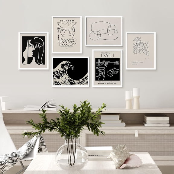 PixonSign Framed Canvas Print Wall Art Set - Kanagawa Japan Black Wave Dali & Humanities Pattern - Set of 6 Abstract Geometric Illustrations Poster Cultural Art Wall Décor - 12"x16"x6 White