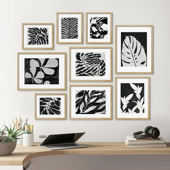 PixonSign Framed Canvas Print Wall Art Set - Leaf And Flower Silhouette Botanical Posters - Gallery Set of 9 Variety Black & White Nature Leaves Illustrations Wall Décor for Home - Natural