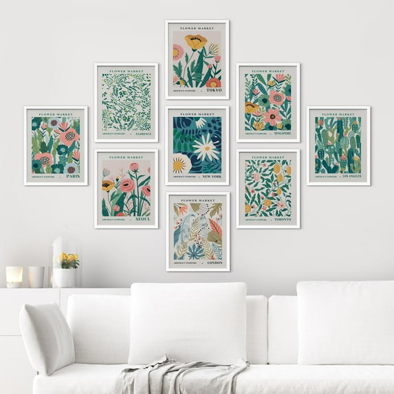 PixonSign Framed Canvas Print Wall Art Set - Market Abstract Floral Botanical Posters - Set of 9 Boho Pastel Nature Wildflowers Wall Décor for Living Room, Bedroom, Office - 12"x16" White