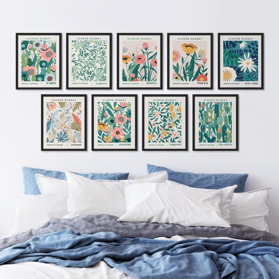 PixonSign Framed Canvas Print Wall Art Set - Market Abstract Floral Botanical Posters - Set of 9 Boho Pastel Nature Wildflowers Wall Décor for Living Room, Bedroom, Office - 8"x10" Black