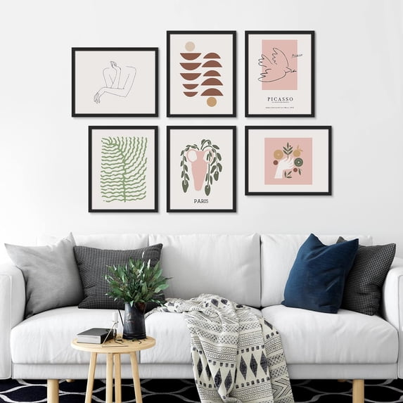 PixonSign Framed Canvas Print Wall Art Set - Matisse Bird & Wild Plant & Humanities Pattern - Set of 6 Abstract Geometric Modern Poster Cultural Art Wall Décor - 12"x16"x6 Black