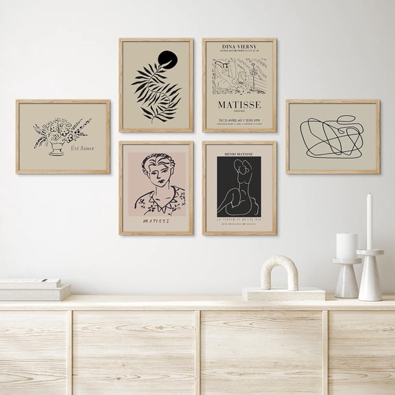 PixonSign Framed Canvas Print Wall Art Set - Matisse Portrait Tropical Leaf & Humanities Pattern - Set of 6 Abstract Geometric Illustrations Poster Cultural Art Wall Décor - 12"x16"x6 Natural