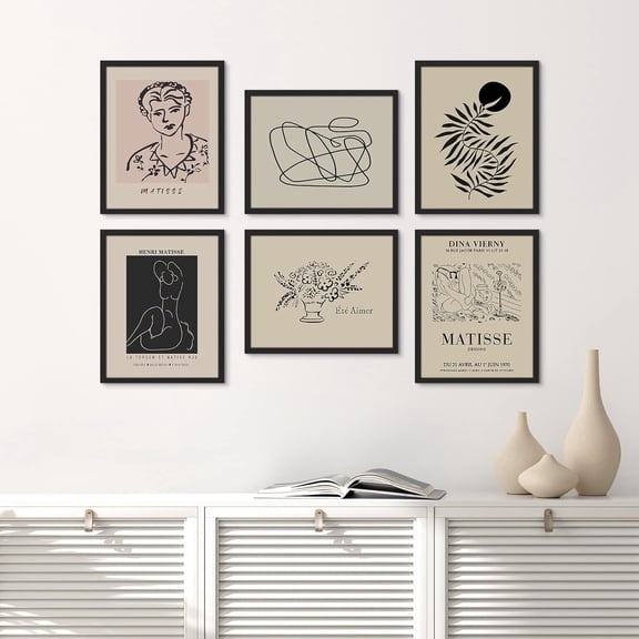 PixonSign Framed Canvas Print Wall Art Set - Matisse Portrait Tropical Leaf & Humanities Pattern - Set of 6 Abstract Geometric Illustrations Poster Cultural Art Wall Décor - 11"x14"x6 Black