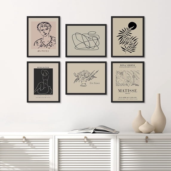 PixonSign Framed Canvas Print Wall Art Set - Matisse Portrait Tropical Leaf & Humanities Pattern - Set of 6 Abstract Geometric Illustrations Poster Cultural Art Wall Décor - 12"x16"x6 Black