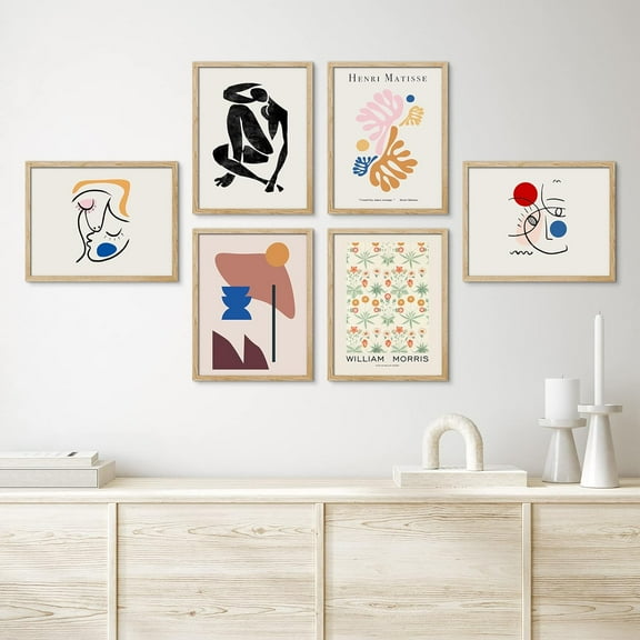 PixonSign Framed Canvas Print Wall Art Set - Matisse Shapes Plants & Colorful Abstract Face Painting - Set of 6 Geometric Minimalism Poster Cultural Art Wall Décor - 8"x10"x6 Natural