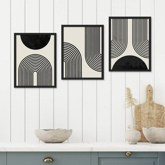 PixonSign Framed Canvas Print Wall Art Set - Mid-Century Black & White Polygons & Shapes Art - Set of 3 Abstract Geometric Modern Art Minimalism Rustic Wall Décor - 12"x16"x3 Panels Black