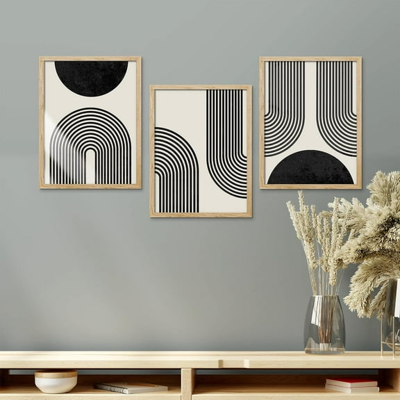 PixonSign Framed Canvas Print Wall Art Set - Mid-Century Black & White Polygons & Shapes Art - Set of 3 Abstract Geometric Modern Art Minimalism Rustic Wall Décor - 12"x16"x3 Panels Natural